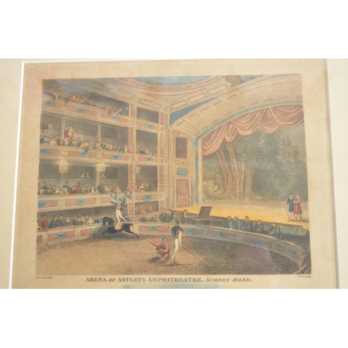 1163 - Two framed prints, to include internal and external front view of Astley's Amphitheatre by Robert Wi... 