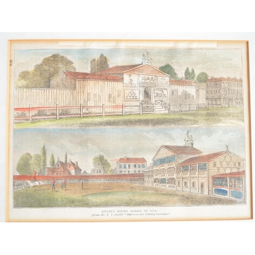 1163 - Two framed prints, to include internal and external front view of Astley's Amphitheatre by Robert Wi... 