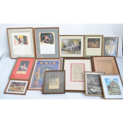 1166 - Collection of framed circus/fairground related prints and pictures to include Knie Circus unter Wass... 