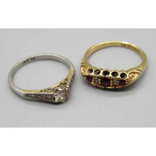 157 - 18ct yellow gold ring set with diamonds and rubies, stamped 18, size K, 3.6g, and a platinum solitai... 