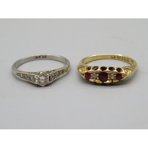 157 - 18ct yellow gold ring set with diamonds and rubies, stamped 18, size K, 3.6g, and a platinum solitai... 