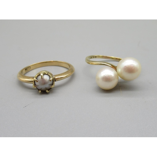 181 - 18ct yellow gold single pearl ring, stamped 18ct, size M1/2, 2.7g, and a 14ct yellow gold double pea... 