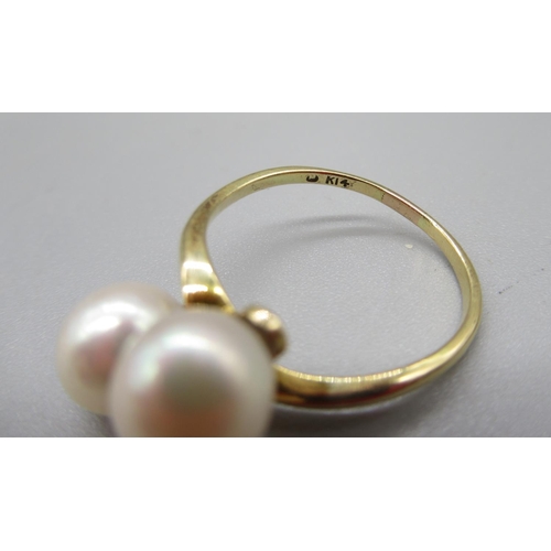 181 - 18ct yellow gold single pearl ring, stamped 18ct, size M1/2, 2.7g, and a 14ct yellow gold double pea... 