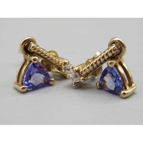 212 - Pair of 9ct yellow gold tanzanite and white zircon drop earrings, stamped 9k, limited edition 1/100,... 