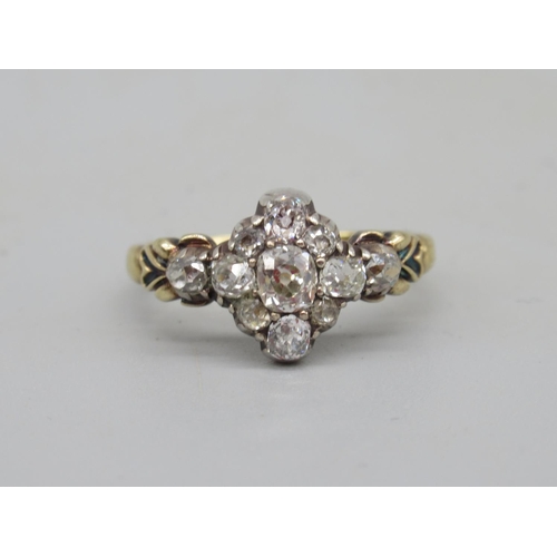 5 - Victorian yellow metal old cut diamond cluster ring, with enamel detail to shoulders, O1/2, 3.3g