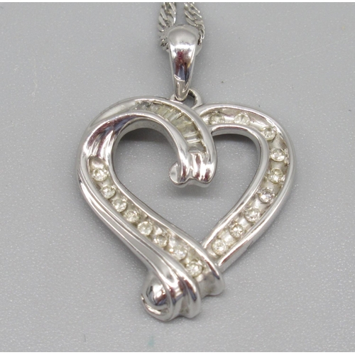 17 - 9ct white gold heart pendant on chain necklace, set with diamonds, stamped 375, 4.9g and a pair of s... 