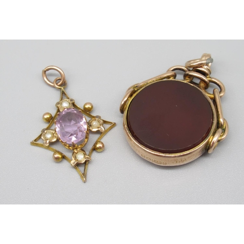 21 - Edwardian 9ct yellow gold pendant set with seed pearls and central amethyst, stamped 9ct, 9ct yellow... 