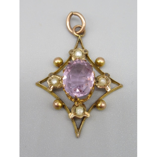 21 - Edwardian 9ct yellow gold pendant set with seed pearls and central amethyst, stamped 9ct, 9ct yellow... 