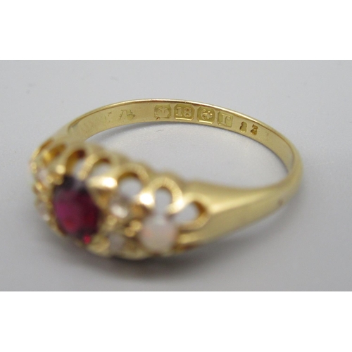 22 - 18ct yellow gold ring set with red stone and opals, stamped 18ct, size M, 2.7g, 9ct gold and silver ... 