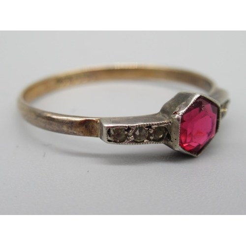 22 - 18ct yellow gold ring set with red stone and opals, stamped 18ct, size M, 2.7g, 9ct gold and silver ... 