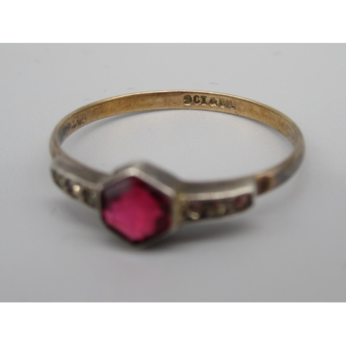 22 - 18ct yellow gold ring set with red stone and opals, stamped 18ct, size M, 2.7g, 9ct gold and silver ... 