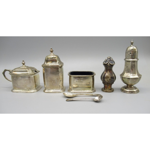 227 - Silver cruet items incl a salt, mustard pot and pepperette by William Neale, Birmingham, 1930, and t... 