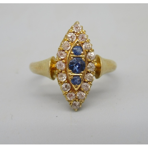 8 - 18ct yellow gold sapphire and diamond  ring, the sapphires surrounded by a halo of diamonds, stamped... 