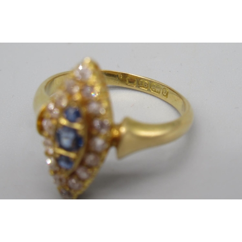 8 - 18ct yellow gold sapphire and diamond  ring, the sapphires surrounded by a halo of diamonds, stamped... 