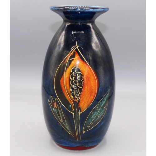 1005 - Anita Harris art pottery, minos vase, orange flowers on dark blue ground, H21cm