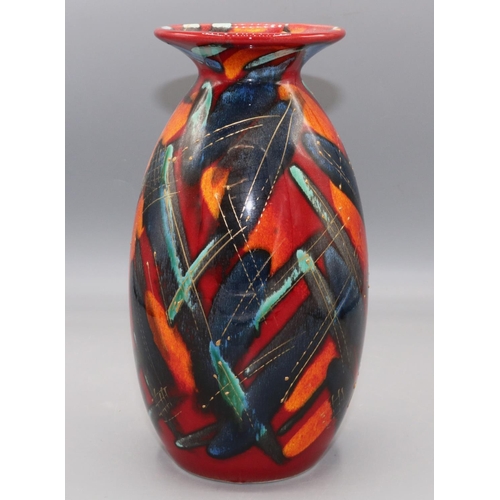 1006 - Anita Harris art pottery, minos vase,  trial design, blue, gold and orange decoration on red ground,... 