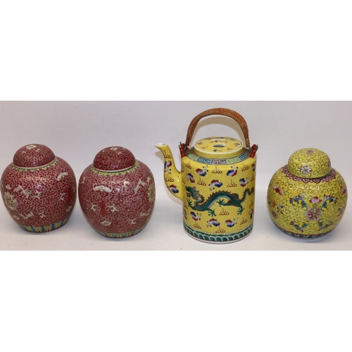 167 - Collection of 20th century Chinese ceramics, comprising three ginger jars, H15cm, and a teapot, H16c... 