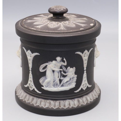 327 - Wedgwood black dipped jasperware tobacco jar and cover, H11cm, A/F