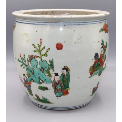 330 - 20th century Chinese famille verte cache pot decorated with figures in a garden, four character mark... 