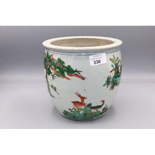 330 - 20th century Chinese famille verte cache pot decorated with figures in a garden, four character mark... 