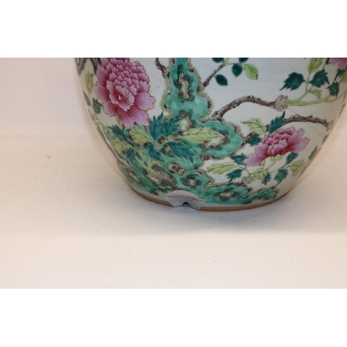 331 - Large Chinese famille rose fish bowl jardiniere decorated with peonies, H32cm, A/F