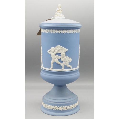 378 - Wedgwood Jasperware Blind Mans Buff vase and cover, H30cm