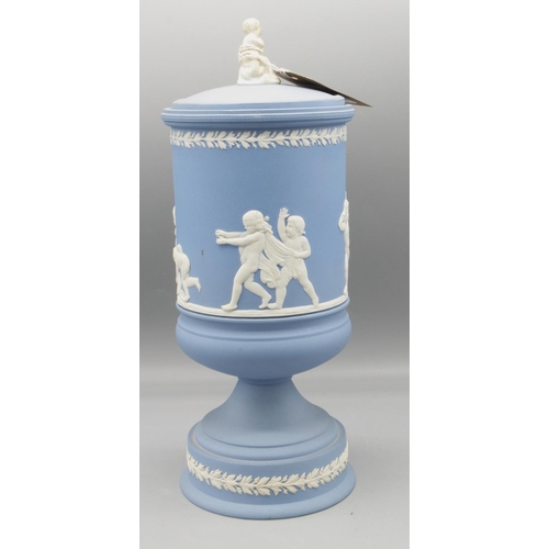 378 - Wedgwood Jasperware Blind Mans Buff vase and cover, H30cm