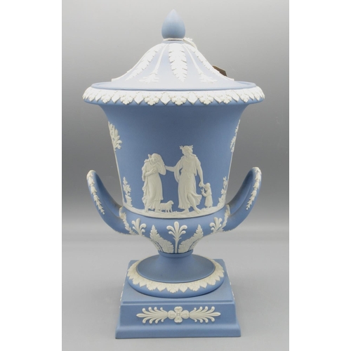 379 - Wedgwood blue Jasperware two handled campagna urn and cover, H30cm