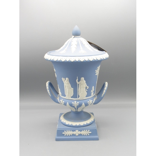 379 - Wedgwood blue Jasperware two handled campagna urn and cover, H30cm