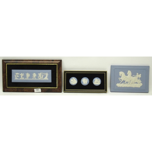 383 - Wedgwood blue jasperware: 'The Seasons' plaque, framed cameo art, and a Troy rectangular plate (3)