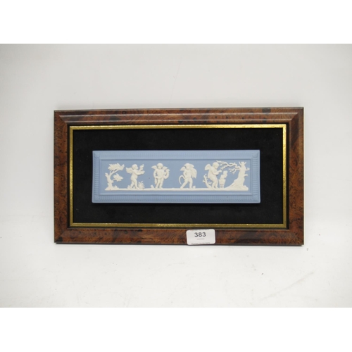 383 - Wedgwood blue jasperware: 'The Seasons' plaque, framed cameo art, and a Troy rectangular plate (3)