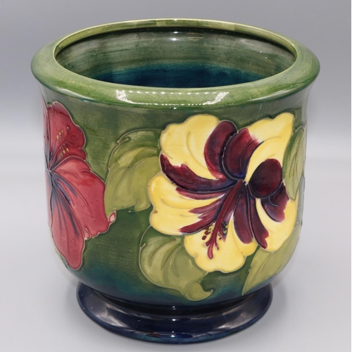 Moorcroft Pottery: 'Hibiscus' pattern cache pot, yellow and red flowers on graduated blue to green ground, H17.5cm