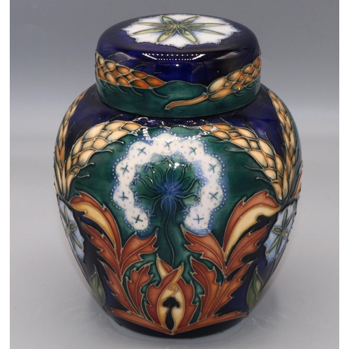 Moorcroft Pottery: 'King Lear' pattern ginger jar, from the Shakespeare series produced for B&W Thornton, limited edition 170/250, white flowers and wheatsheafs on dark blue ground, H15cm