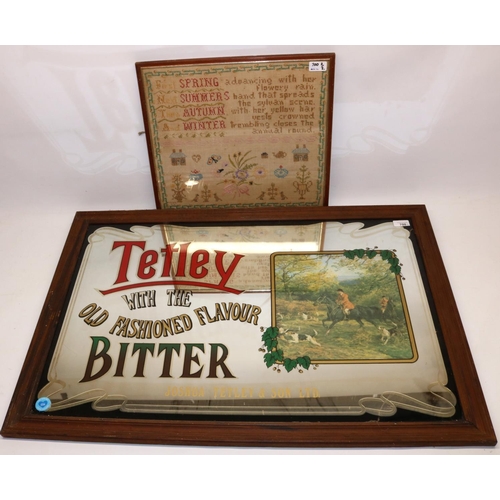 700 - C20th Tetley Bitter pub mirror, W80cm H54.5cm and C20th Four Seasons sampler W40.5cm H38cm (2)