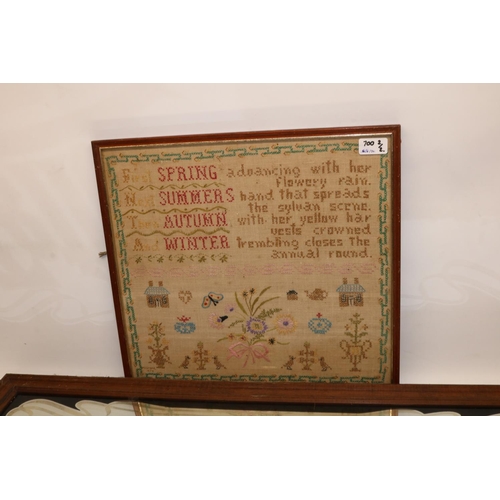 700 - C20th Tetley Bitter pub mirror, W80cm H54.5cm and C20th Four Seasons sampler W40.5cm H38cm (2)