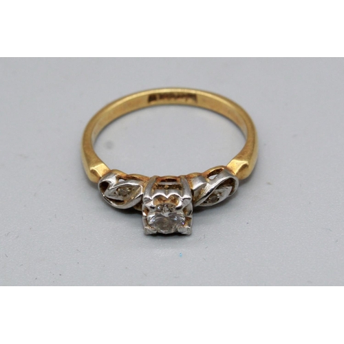 206 - 18ct yellow and white gold solitaire ring single diamond set in square illusion mount on ornate shou... 