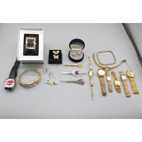 223 - Collection of costume watches and modern costume jewellery, incl earrings, bracelet, brooches etc.