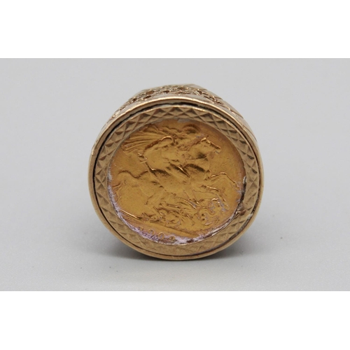 229 - Edward VII, 1902 full sovereign in a hallmarked 9ct signet ring, 14.8g, size M