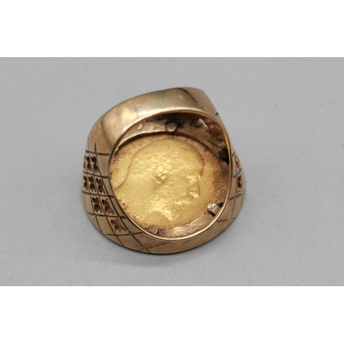 229 - Edward VII, 1902 full sovereign in a hallmarked 9ct signet ring, 14.8g, size M