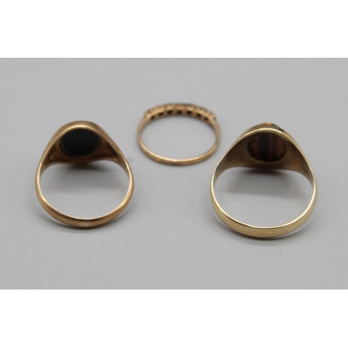 230 - 9ct gold ring set with tigers eye, 9ct ring set with black oval stone, 9ct gold half eternity ring w... 