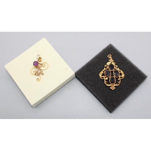 234 - 9ct gold pendant with purple stones and an Edwardian style pendant with purple stone and seed pearls... 