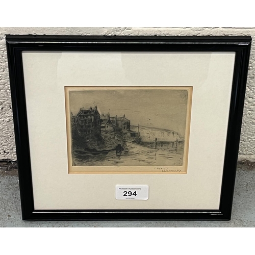 294 - James Ulric Walmsley (British 1860-1954); Robin Hoods Bay, monochrome etching, signed in pencil, 11c... 