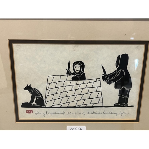 297 - Henry Napartuk (1932-1985); 'Eskimos Building Igloo' monochrome print, signed and titled in pencil, ... 