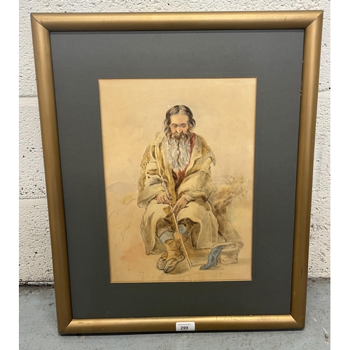 299 - Continental School (late C19th); The Blind Beggar, watercolour heightened with white, 40cm x 28cm