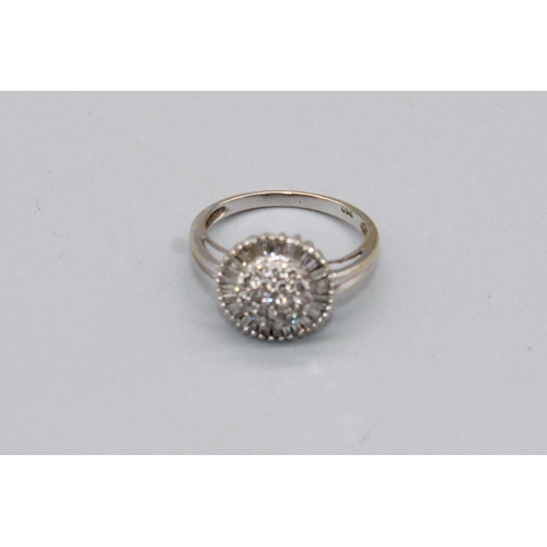 73 - 18ct white gold diamond dome cluster ring, stamped 750, size J1/2, 2.7g