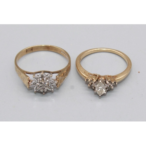 85 - 9ct yellow gold diamond flower cluster ring on textured mount, stamped 375, size R, a 10ct yellow go... 