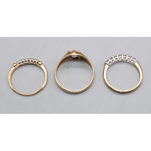 86 - 15ct yellow gold ring set with a row of diamonds, stamped 15, size P, 1.8g, a 9ct yellow gold ring s... 