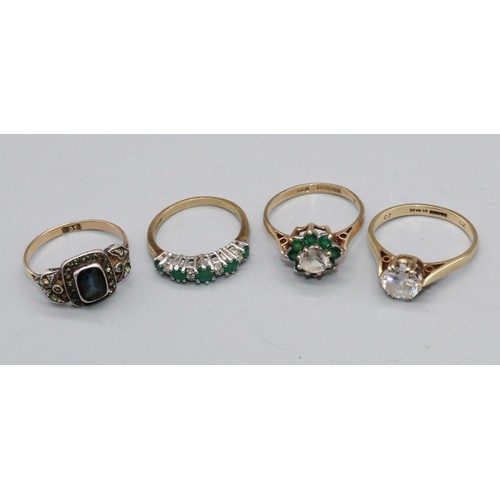 120 - 9ct yellow gold ring set with emeralds and diamond chips, size L, 9ct yellow gold ring with white an... 