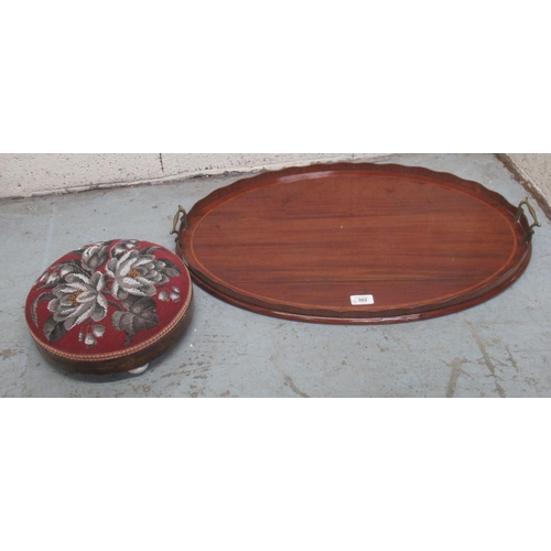 302 - Edwardian inlaid mahogany oval galleried tray with brass handles, and a Victorian walnut beadwork ci... 