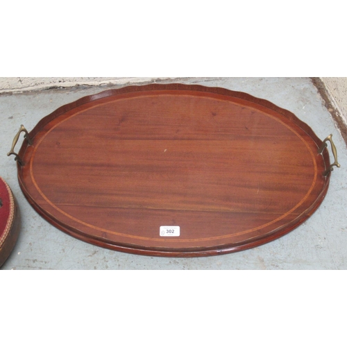 302 - Edwardian inlaid mahogany oval galleried tray with brass handles, and a Victorian walnut beadwork ci... 